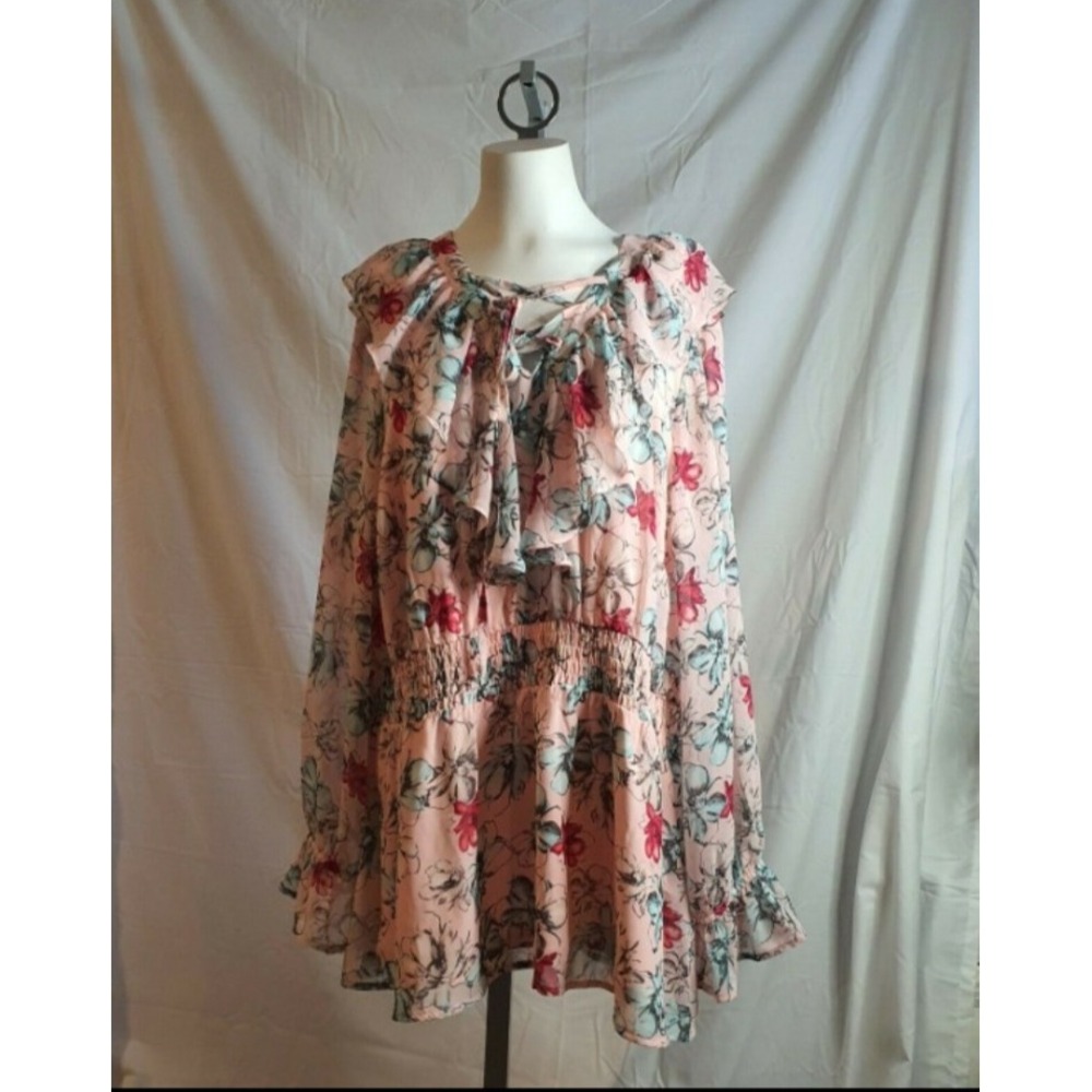 Lane Bryant Floral Blouse Size 20‎ Long Sleeve Ruffles Pink Red Top Plus Career